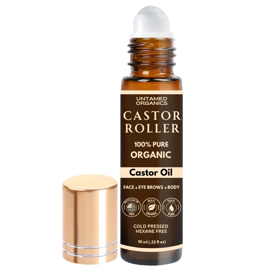 Untamed Organics 100% Organic Castor Oil Roll On For Eyebrows Lips Under Eyes Eyelashes Cuticles - Mess Free Roller Ball - Certified Organic Cold Pressed Hexane Free - Travel Sized Glass Bottle