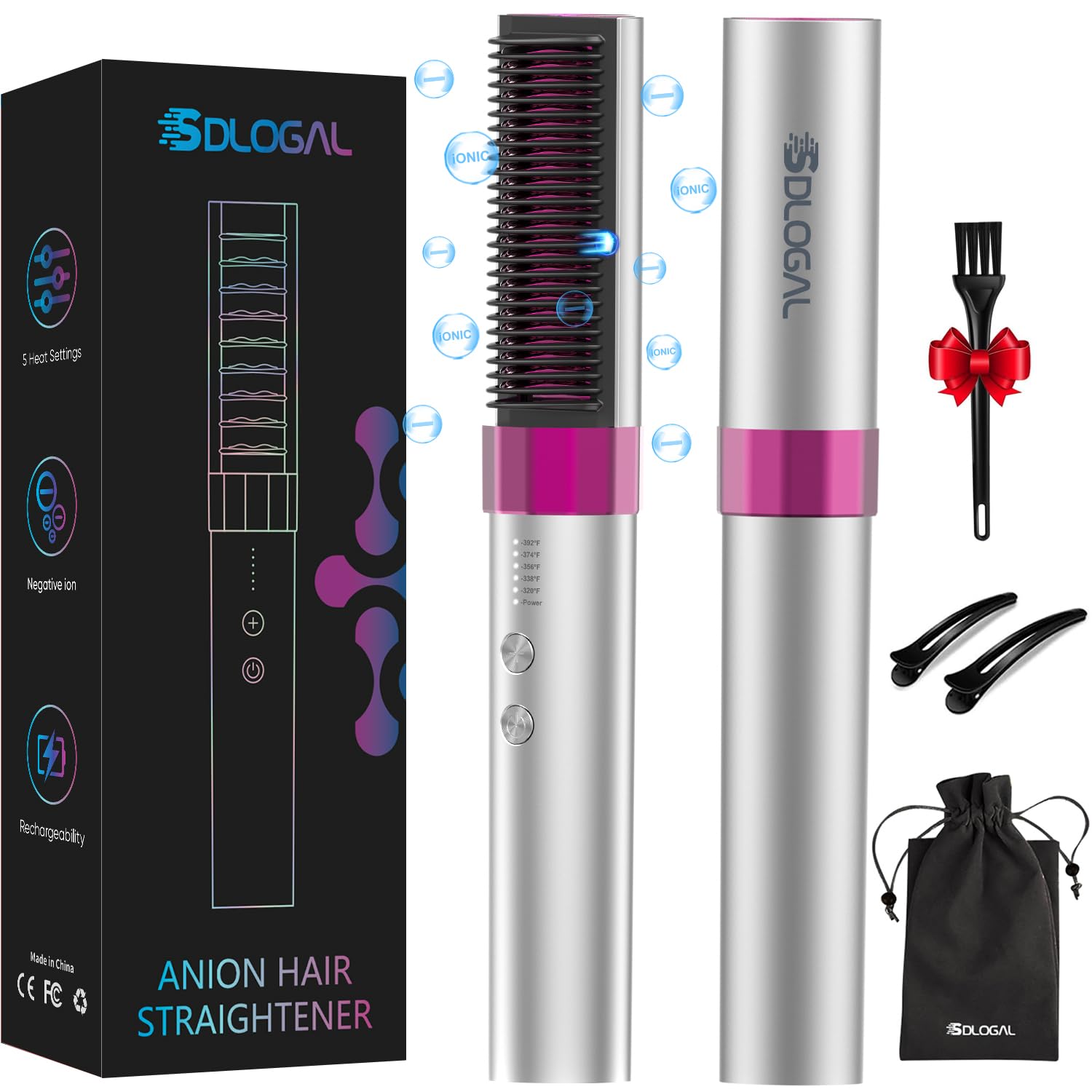 Rechargeable Hair Straightener Brush -  Cordless Ionic Styling Comb