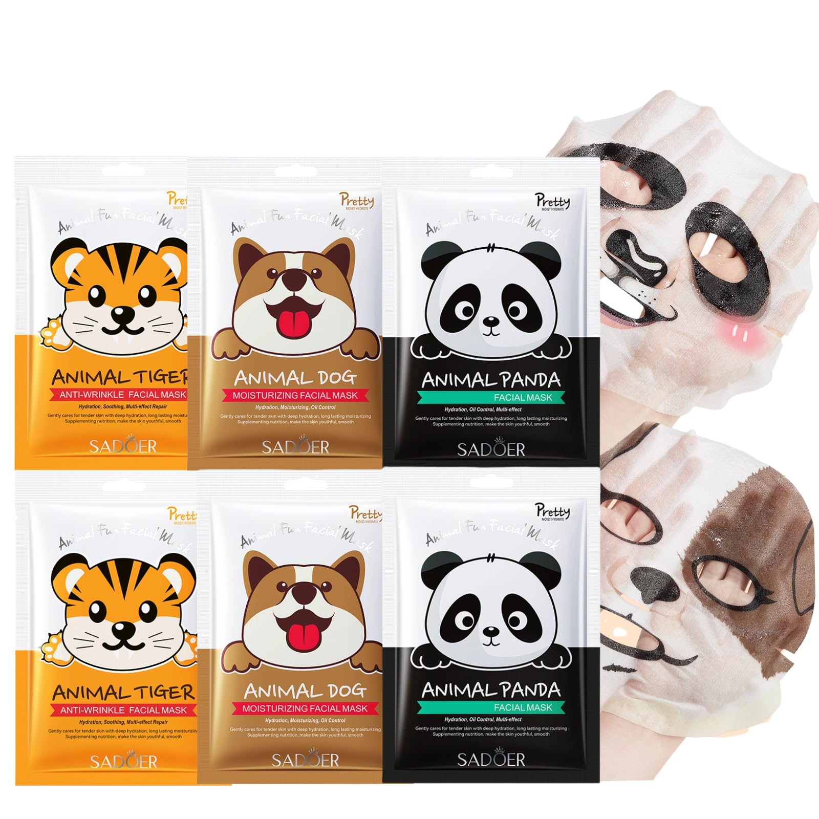 6-Pack Animal Character Sheet Masks - Hydrating Face Masks