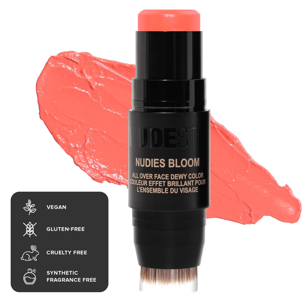 Nudestix Nudies Bloom Dewy and Radiant Cream Blush 3-in-1 All Over Face Colour For Cheeks Eyes and Lips w/Blending Brush (Tiger Lily Queen)